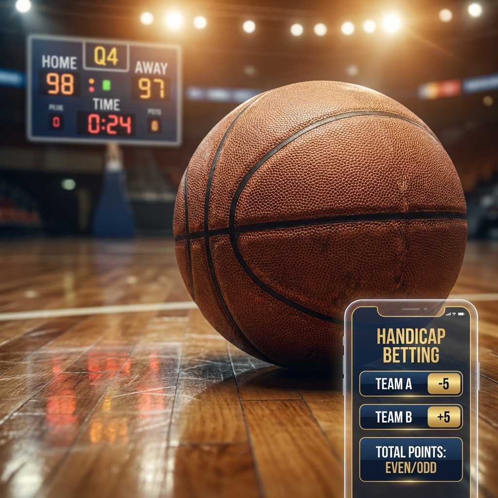 Basketball on court with mobile betting app interface overlay showing handicap odds