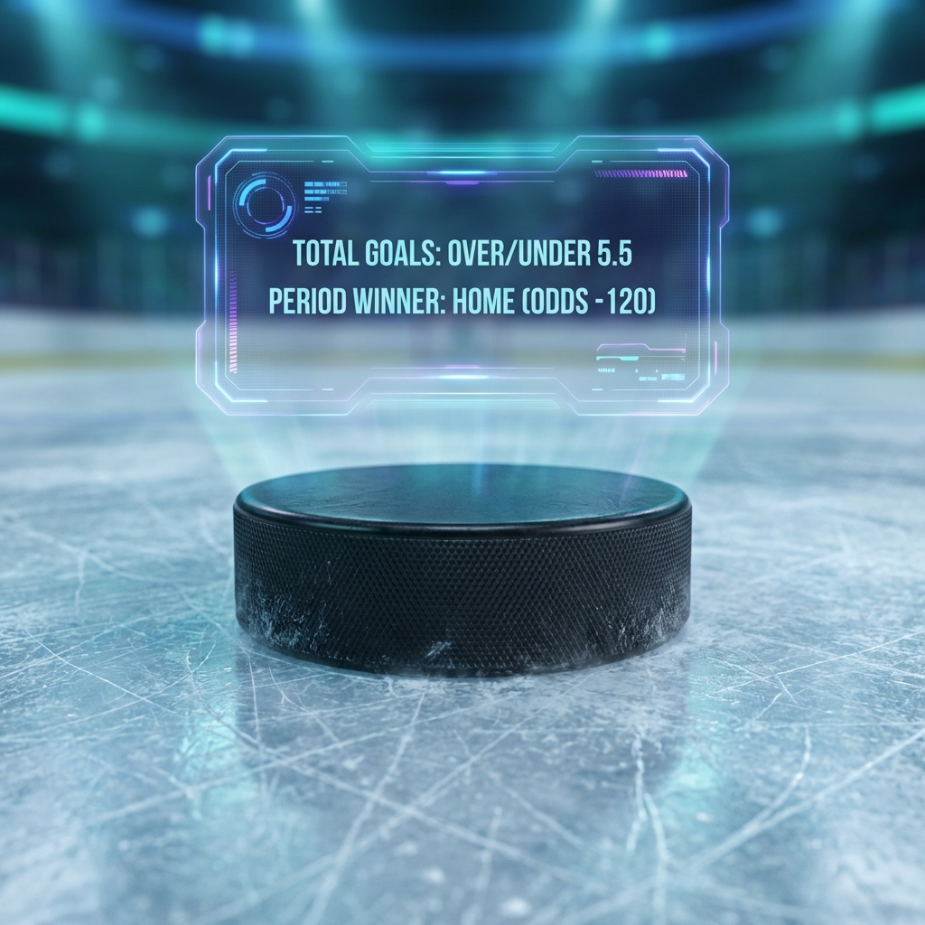 Close-up of hockey puck on ice with period winner betting overlay
