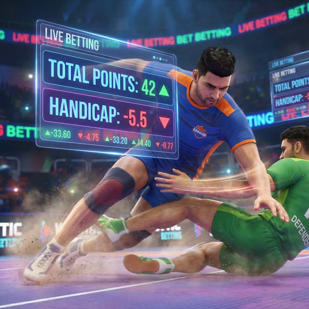 Close-up of a tackle in Kabaddi with handicap and total points betting stats