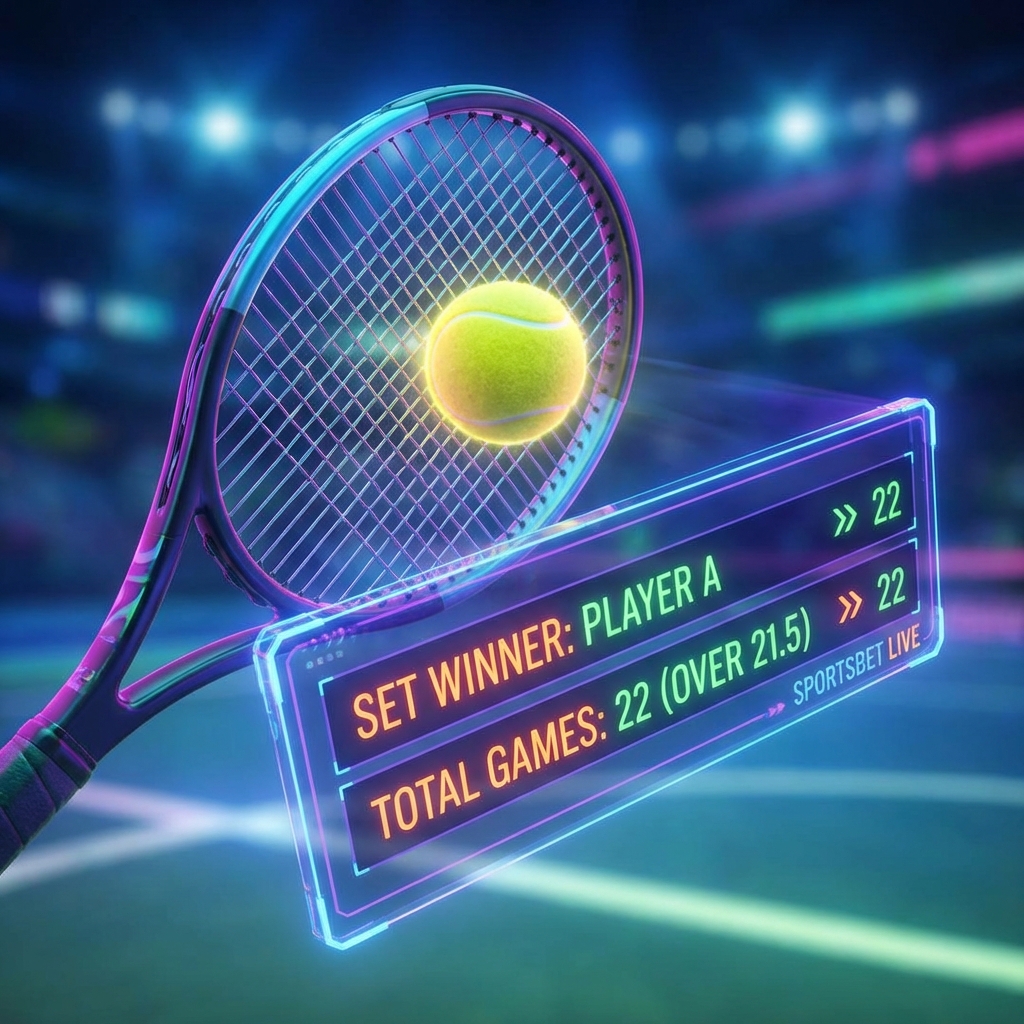 In-Play Tennis Betting Close-up of tennis racket hitting ball with set winner betting overlay