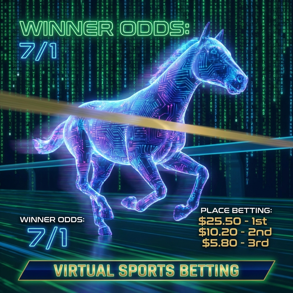 Digital racehorse finishing a race with odds overlay