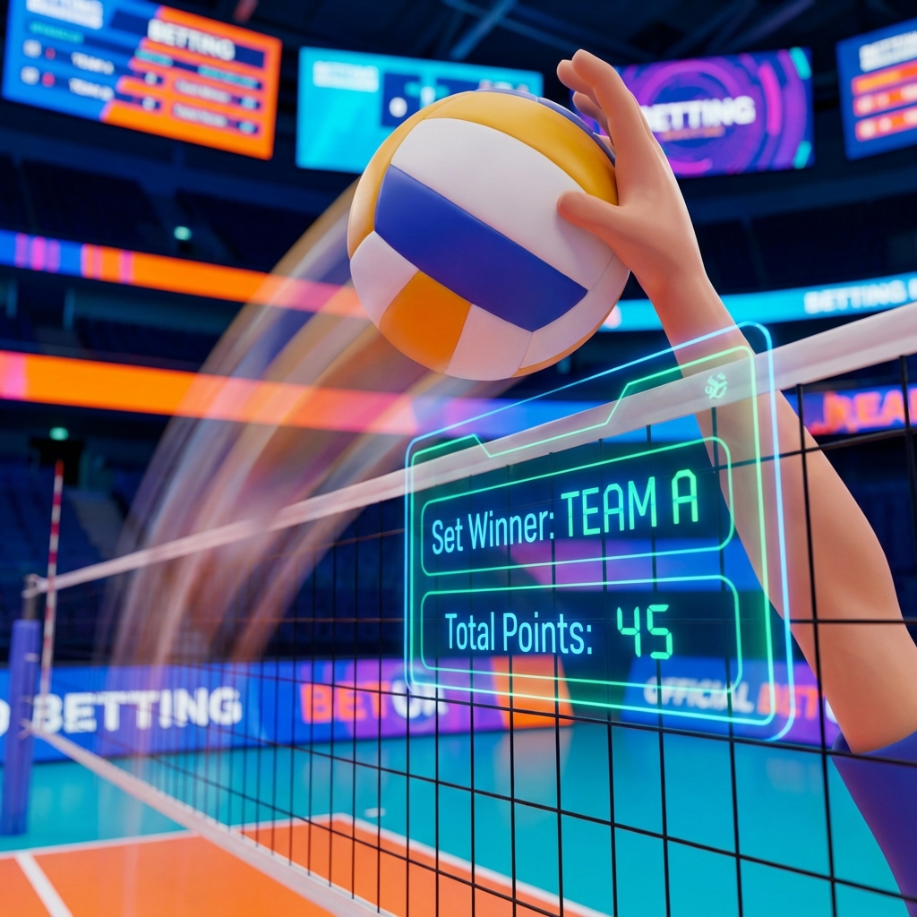 Close-up of volleyball spike with set betting and total points overlay